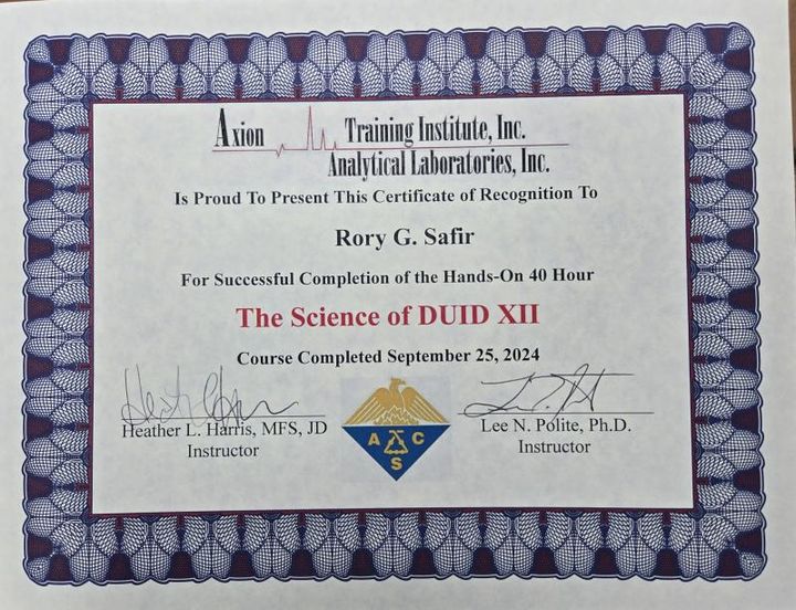 Axion Analytical Labs certificate, The Science of DUID XII, 40 hours, for Rory G. Safir, September 2024