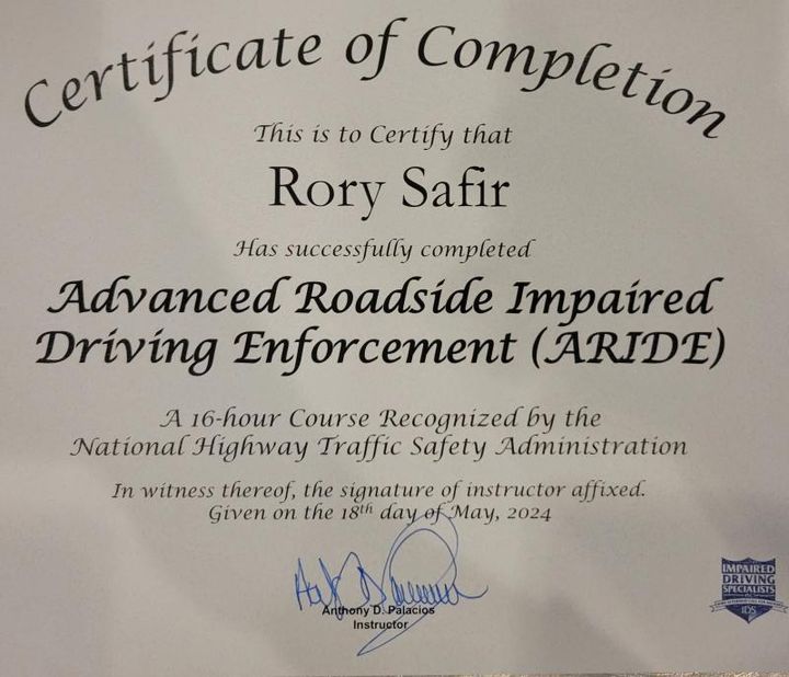 NHTSA Advanced Roadside Impaired Driving Enforcement ARIDE certificate of completion for Rory Safir, 16 hours, May 2024