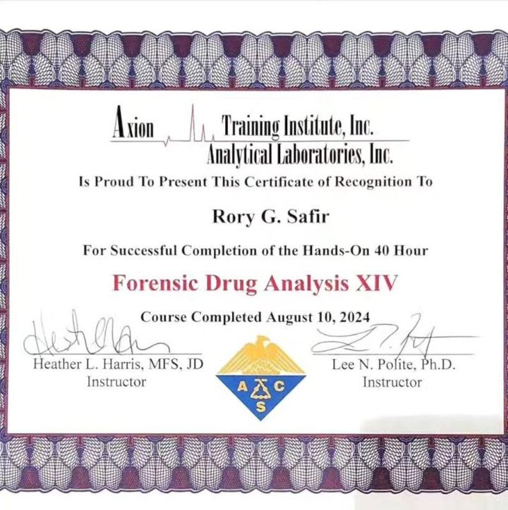 Axion Analytical Labs certificate, Forensic Drug Analysis XIV, 40 hours, for Rory G. Safir, August 2024