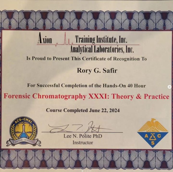 Axion Analytical Labs certificate, Forensic Chromatography XXXI Theory and Practice, 40 hours, for Rory G. Safir, June 2024