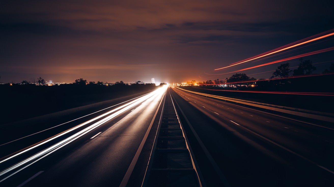 A dark Florida highway at night with a single light streak passing at extreme speed