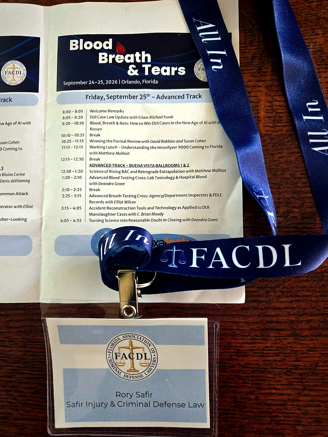 Rory Safir's attendee badge for Blood, Breath and Tears 2026, the Florida Association of Criminal Defense Lawyers DUI seminar in Orlando, September 24 and 25, 2026, on top of the Friday advanced track agenda